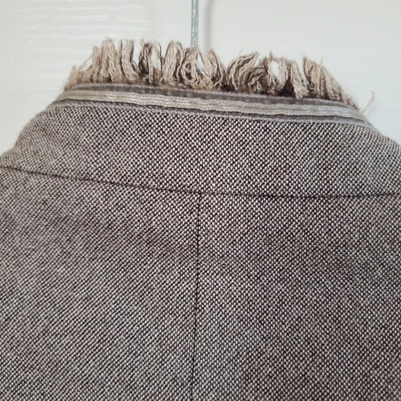 Vintage Feraud Virgin Wool Silk Tweed Brown Long Fringed Blazer Women's Sz Large